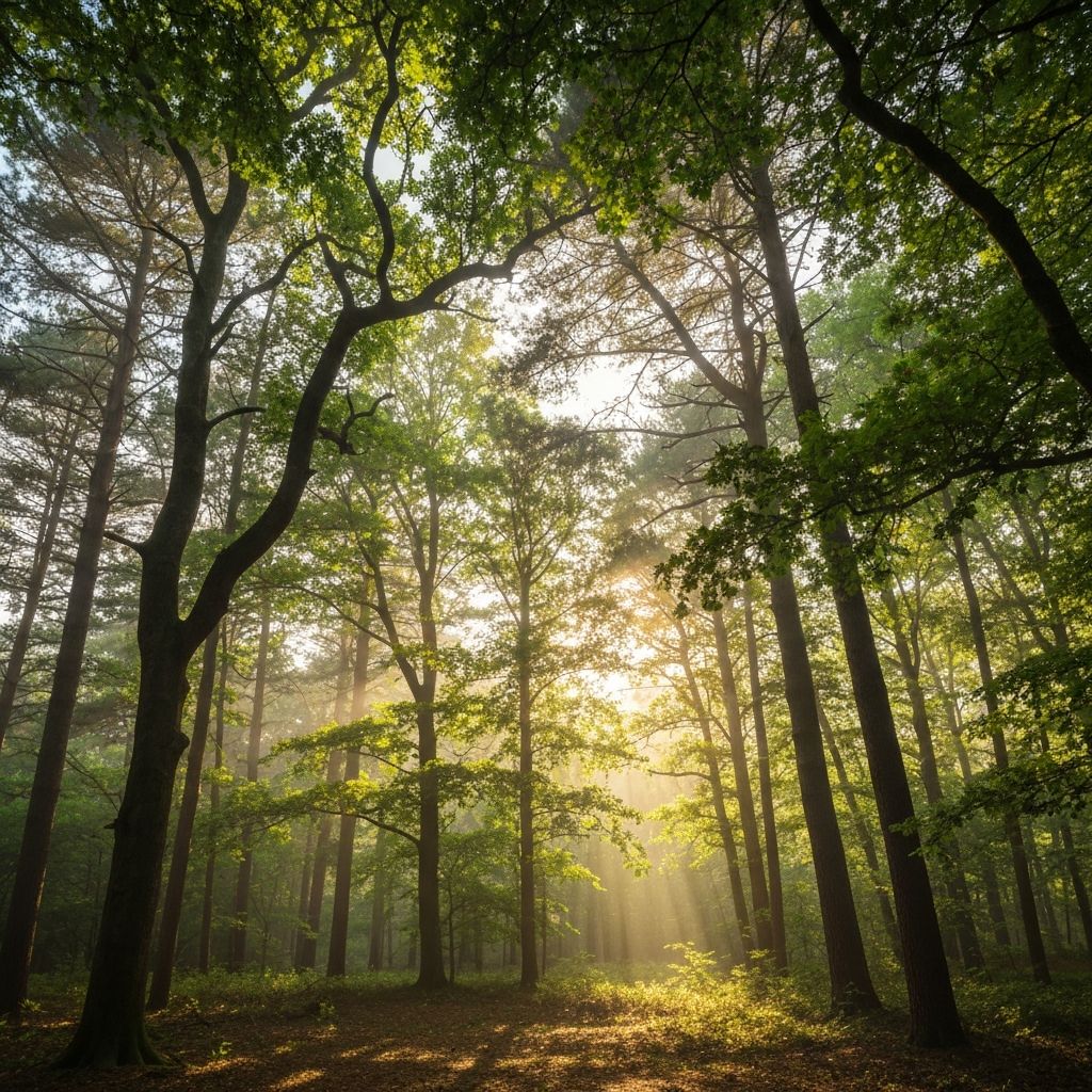 Sunlight filtering through a forest canopy