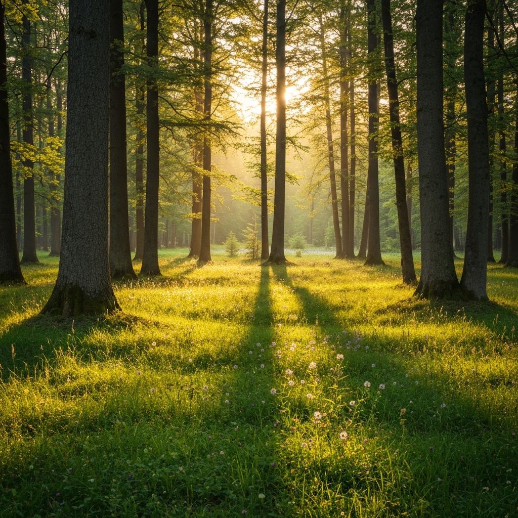 A peaceful forest clearing with warm sunlight